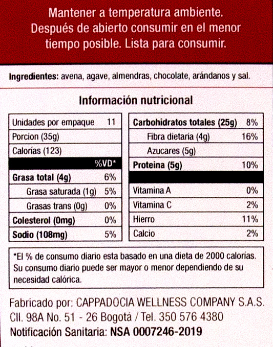 Tabla nutricional granola
