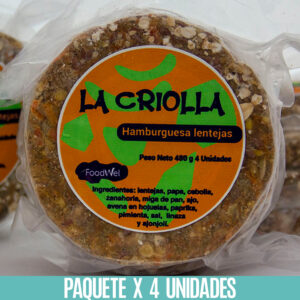 Hamburguesa de lentejas y zanahoria «La Criolla» congelada X 4 unidades